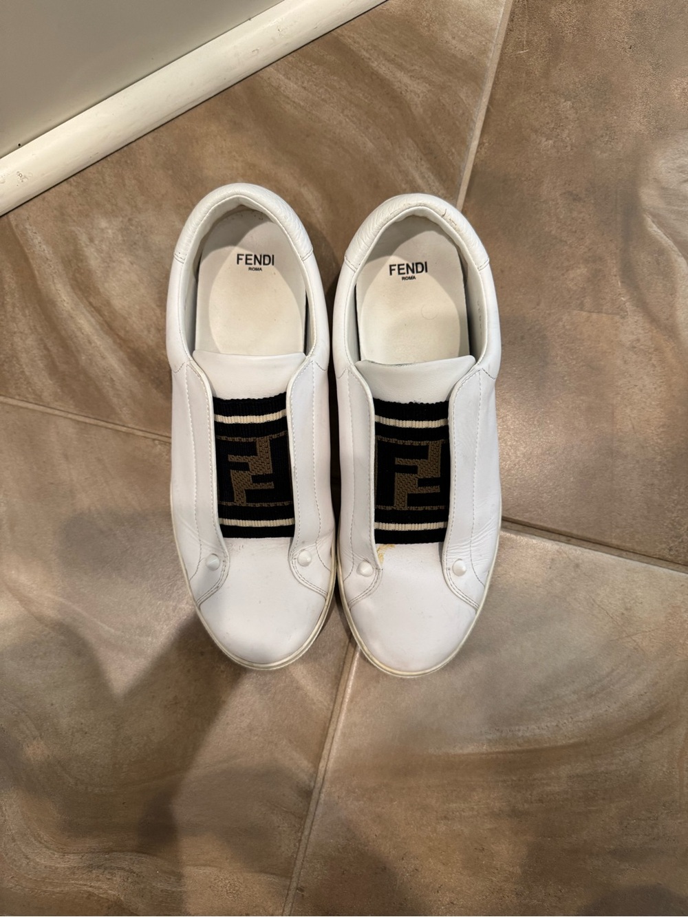 Fendi White Leather Slip-On Sneakers with Black & Brown FF Band